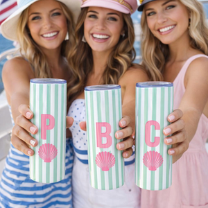 Vacation Tumblers, Seashell Personalized Beach Girls Trip Cups, Beach Bachelorette, Family Vacation Tumblers with initials Cabana Stripe