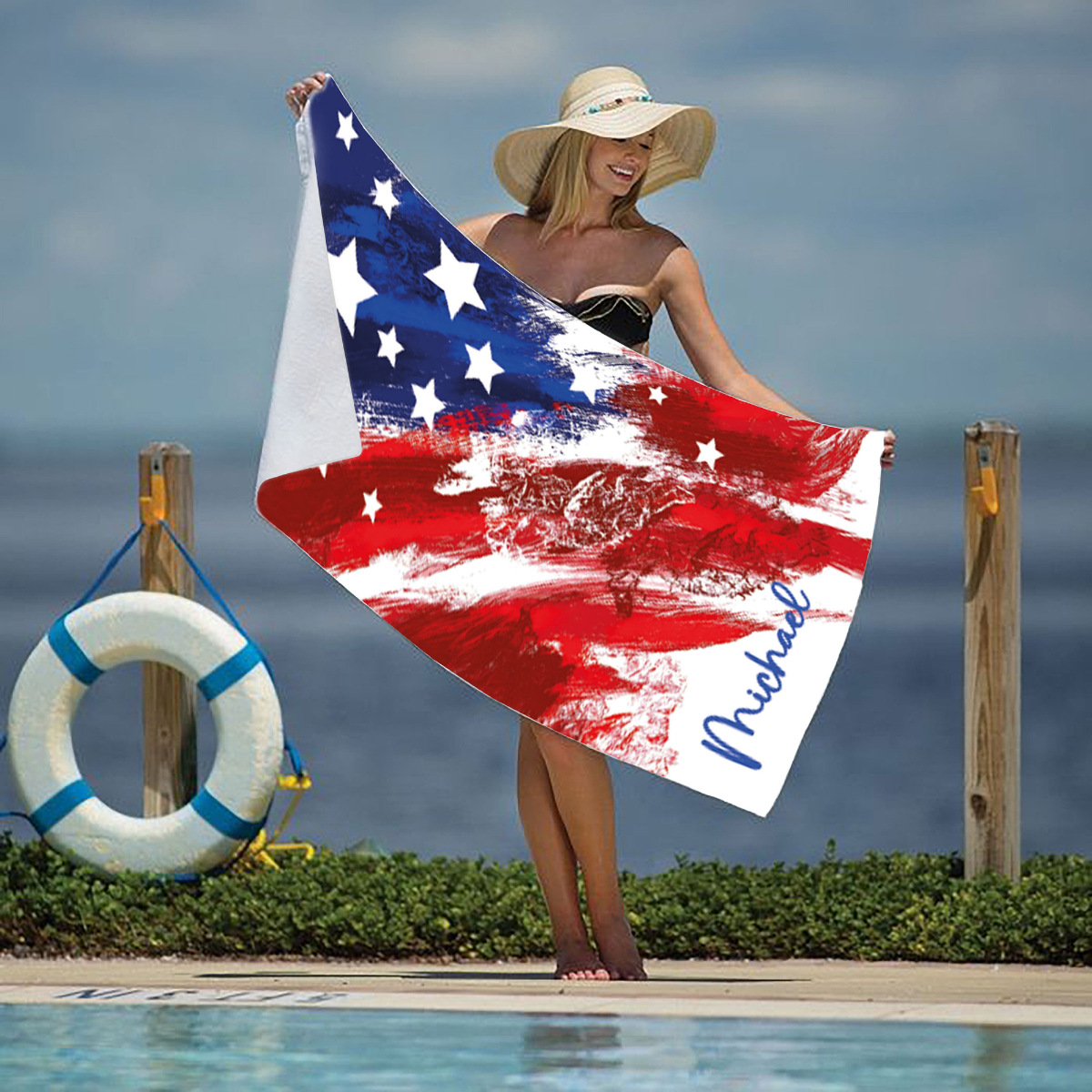 American Flag Custom Beach Towel, Independence Day Pool Towel, Personalized Stars Name Towel, Patriot Summer Gift, 4 th of July Design