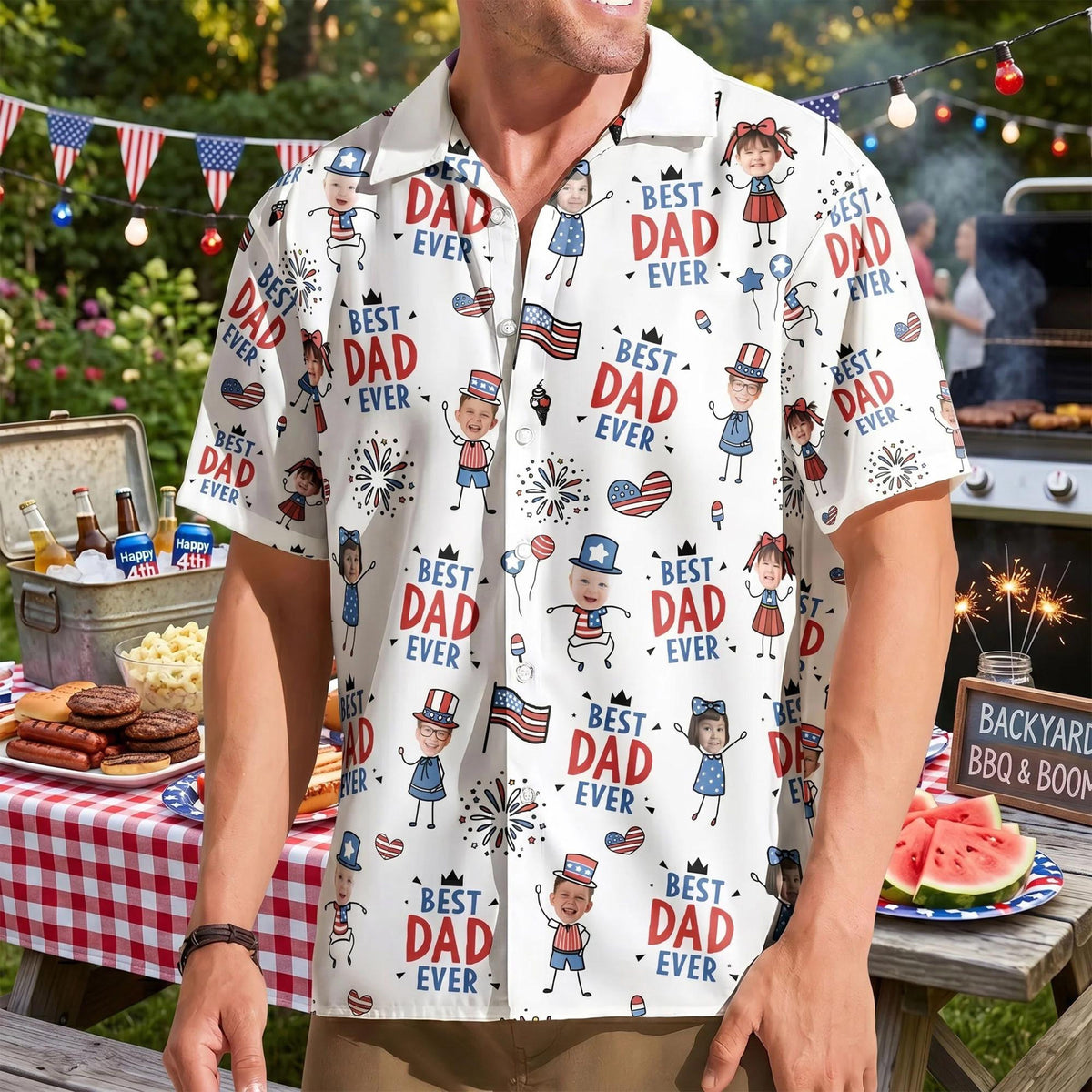 Personalized Funny Kid Potrait Photo Hawaiian Shirt, Best Dad Ever USA Flag America Shirt, Father's Day Gift For Dad, Husband Fourth of July