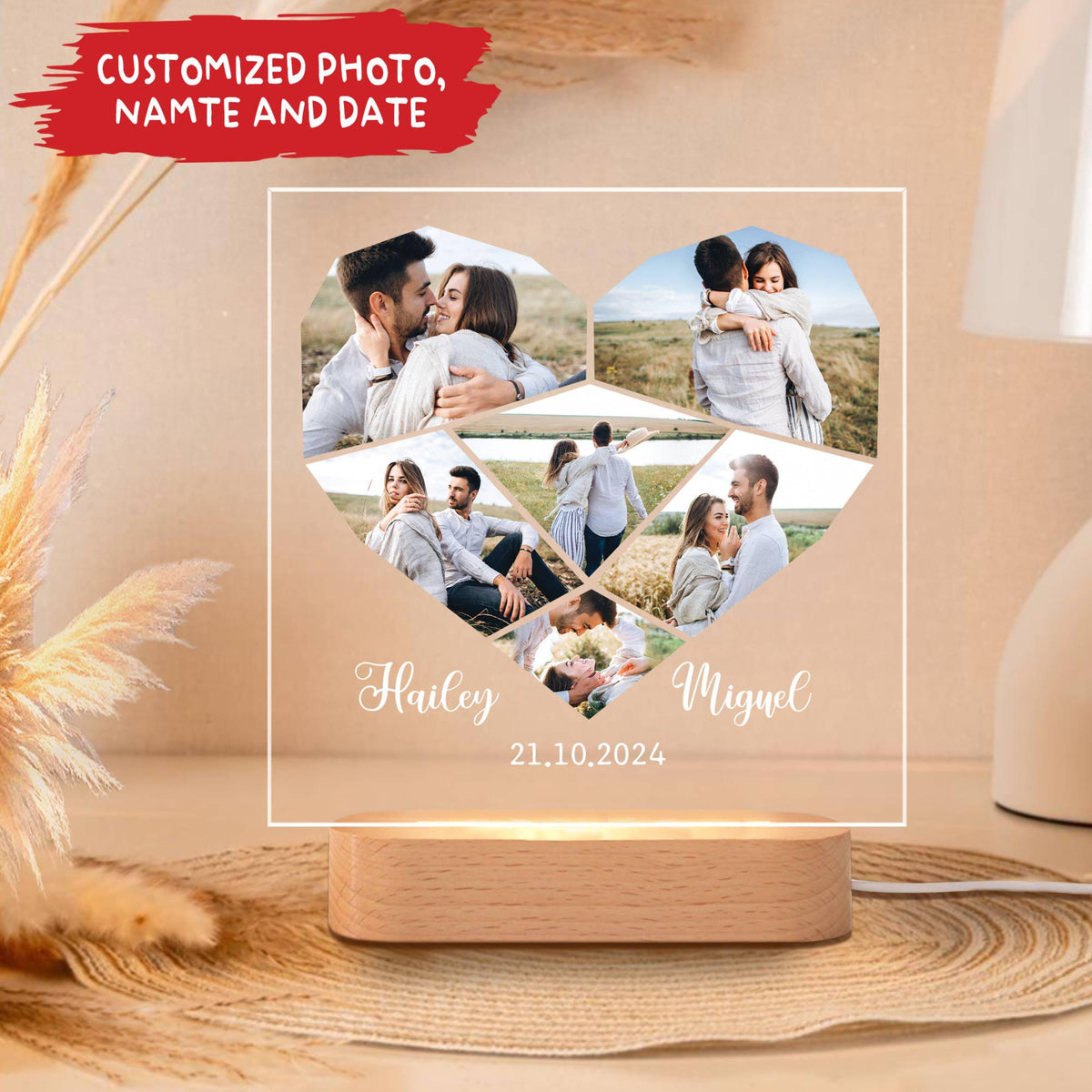 Custom Photo Heart Shape Valentine Night Light, Couple Photo 3D LED Light Wooden Base, Anniversary Gift, Valentine Gift, Gift For Couple
