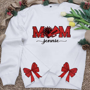 Custom Cheer Mom Side Bow Cut-Out Sweatshirt With Glitter, Trendy Coquette Bow, Cheer Mom Sweatshirt Cheer Gift Glitter Cheerleader Coquette