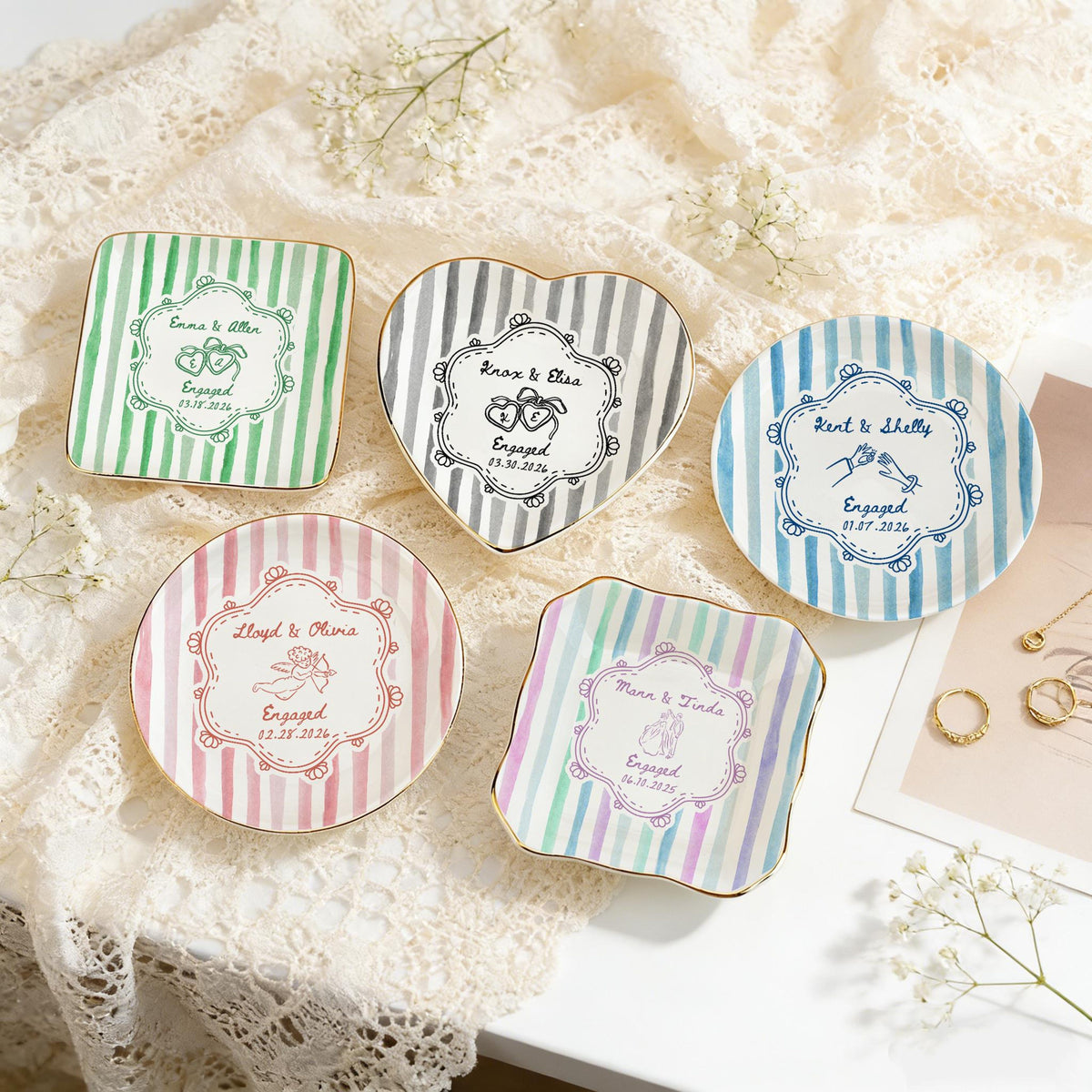 Personalized Wedding Ring Dish, Colorful Stripe Jewelry Dish for Couple, Sentimental Gift for Bride, Engagement Gift, Anniversary