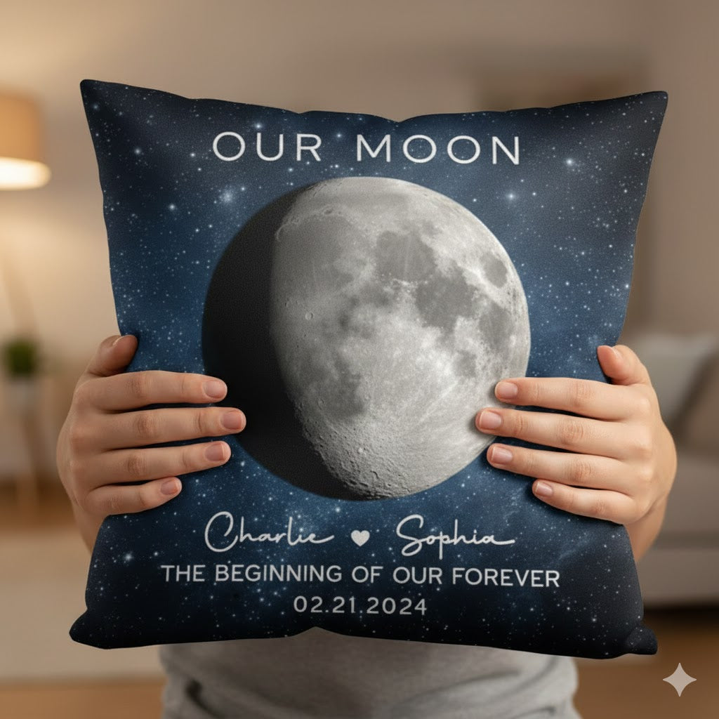 Our Moon Couple Moon Phase - Personalized Pillow - Anniversary Gift For Him Gift For Her