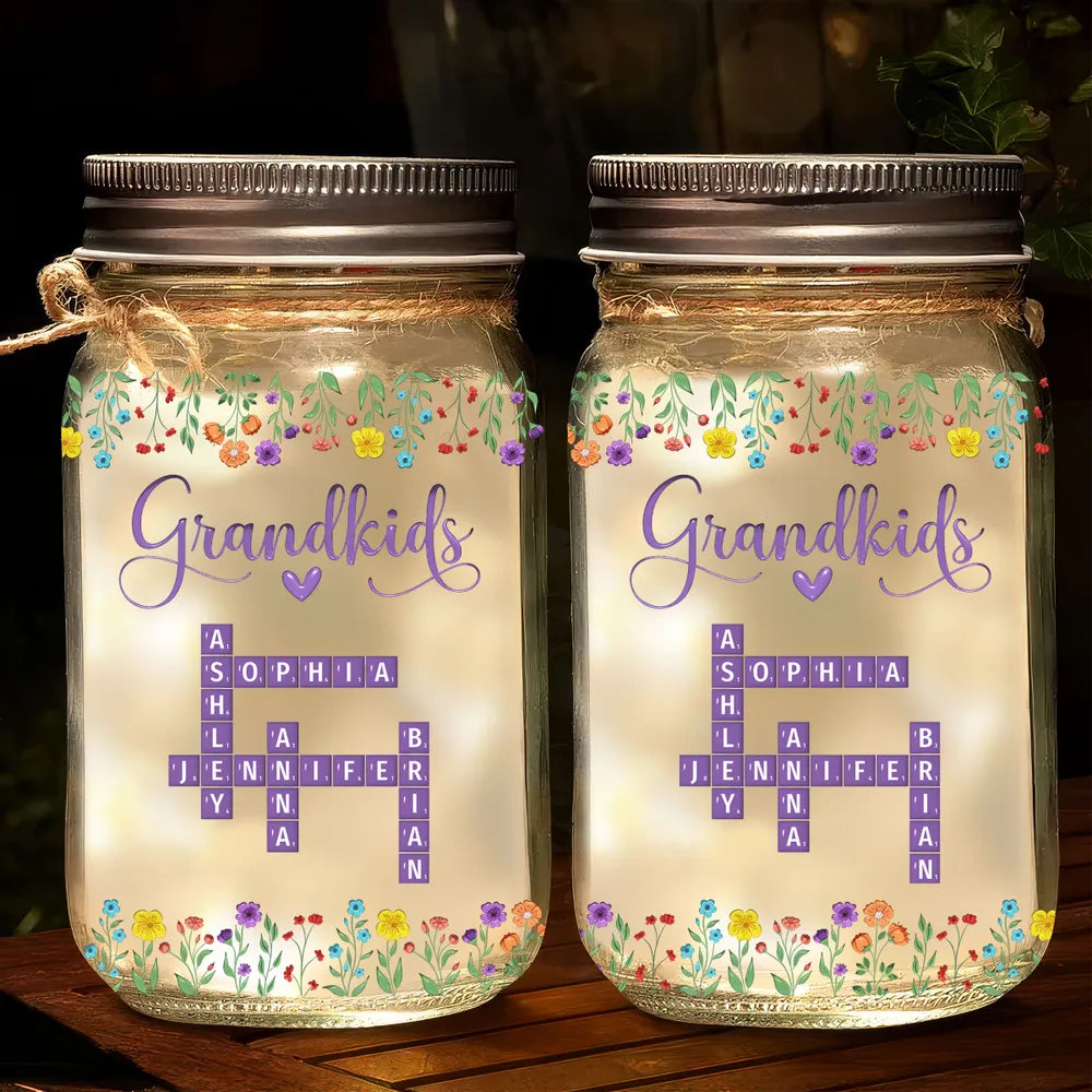 Grandkids Purple Crossword Wildflower Pattern - Personalized Mason Jar Light - Gift For Grandma Mom, Mother's Day, Birthday Gift