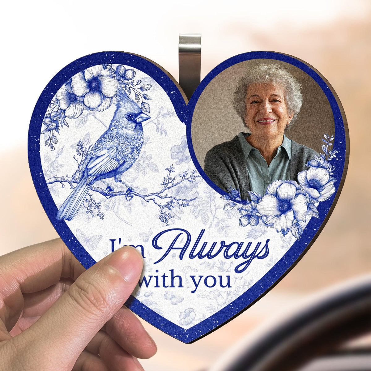 Memorial Toile De Jouy Style I'm Always With You Personalized Wooden Photo Car Visor Clip, Gift For Dad, Personalized Picture Frame