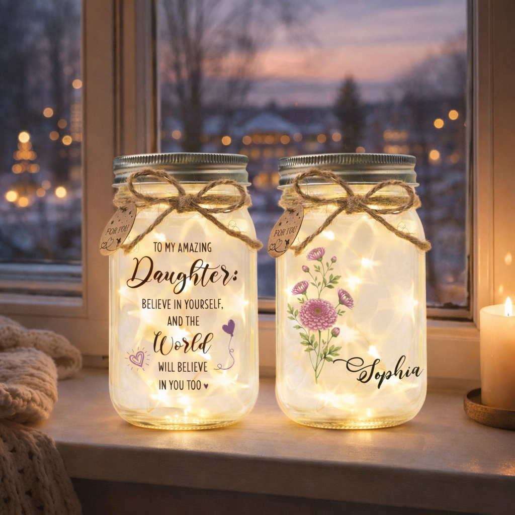 Gift for Daughter, Personalized Birth Month Flower Mason Jar Light, Meaningful Birthday & Inspirational Gift