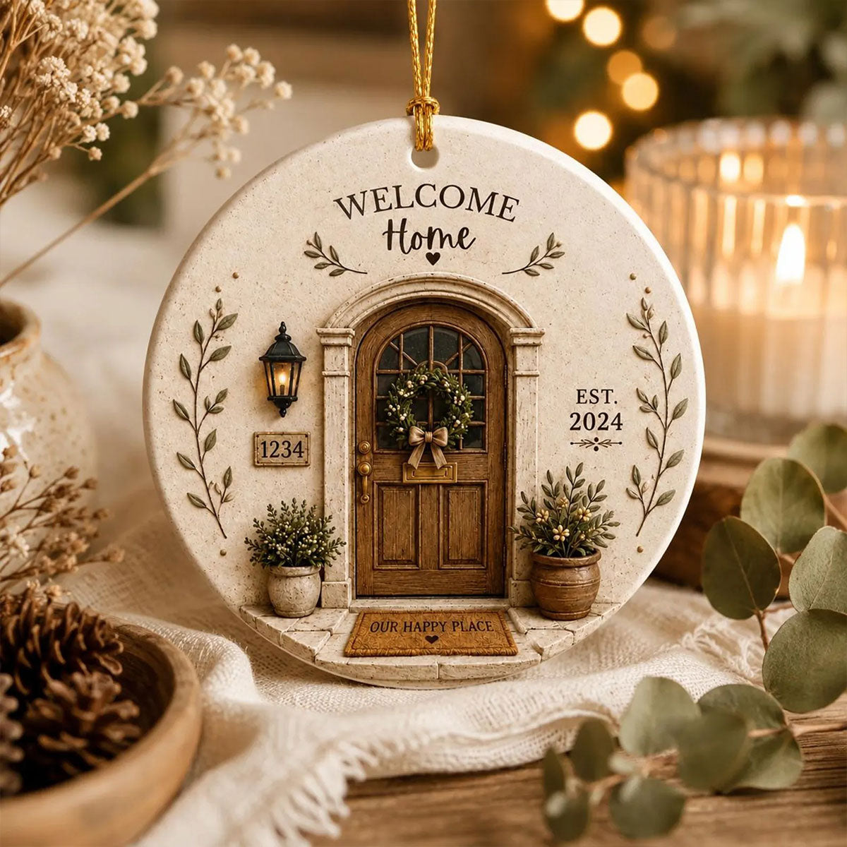 Welcome Home Our Happy Place - Personalized Ceramic Circle Ornament For Housewarming Christmas