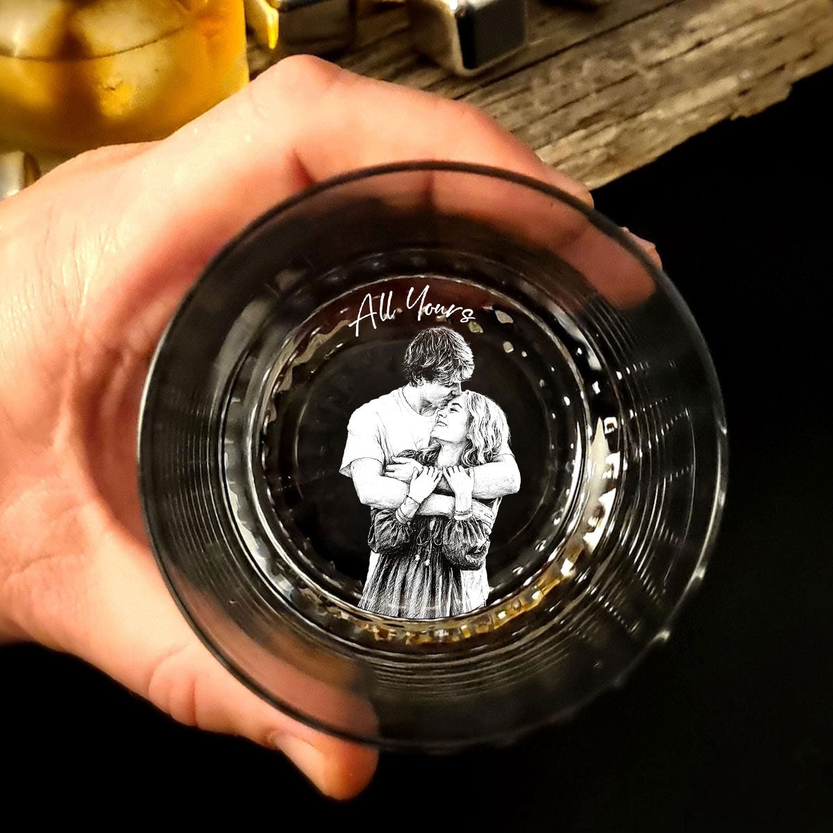 Custom Photo Pencil Sketch Anniversary Couple Portrait - Personalized Engraved Whiskey Glass