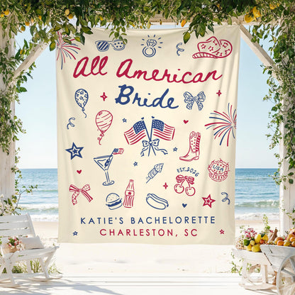 All American Bride Bachelorette Tapestry, Independence Day Bach Banner Decor, Custom Fourth Of July American Backdrop, 4th of July BridalShower