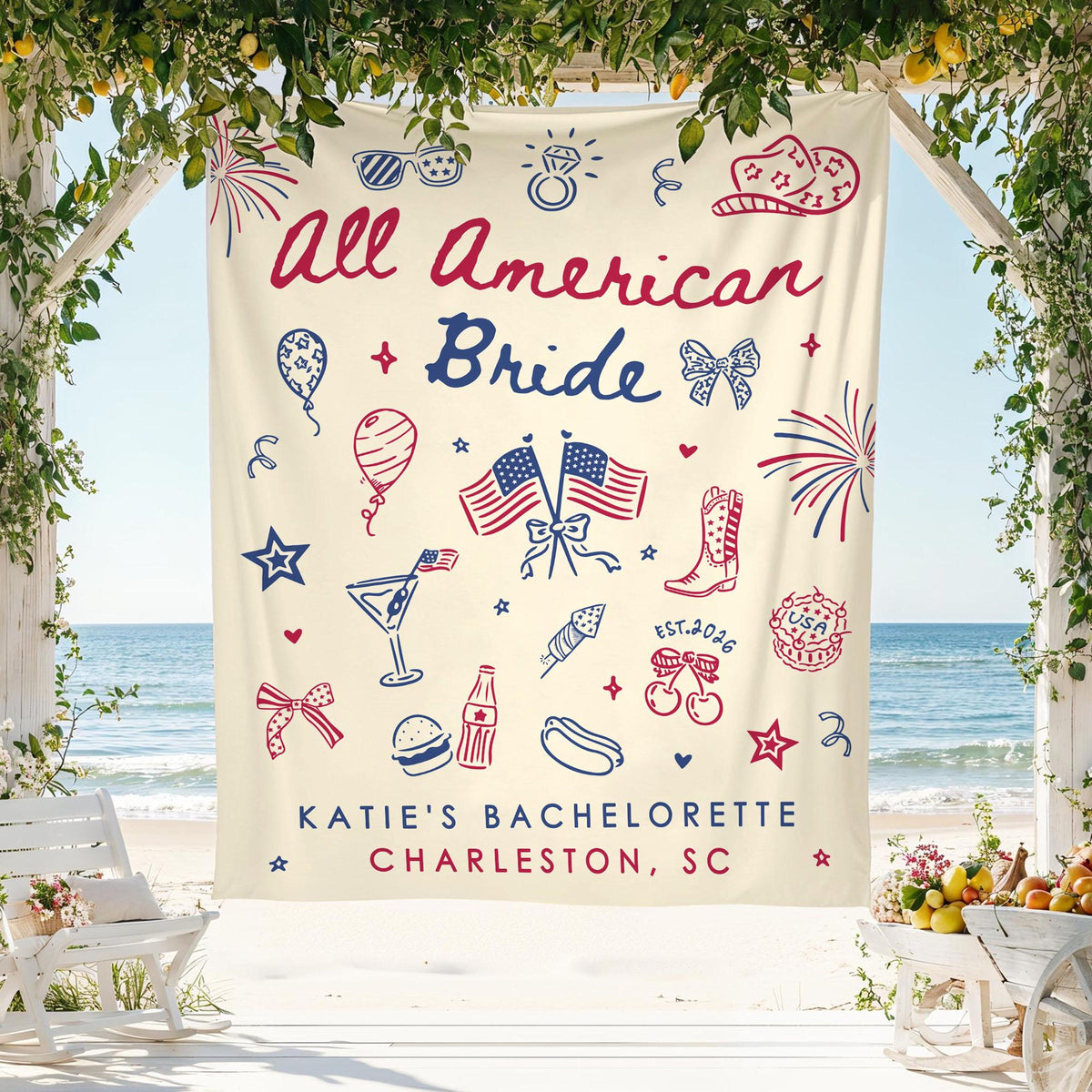 All American Bride Bachelorette Tapestry, Independence Day Bach Banner Decor, Custom Fourth Of July American Backdrop, 4th of July BridalShower