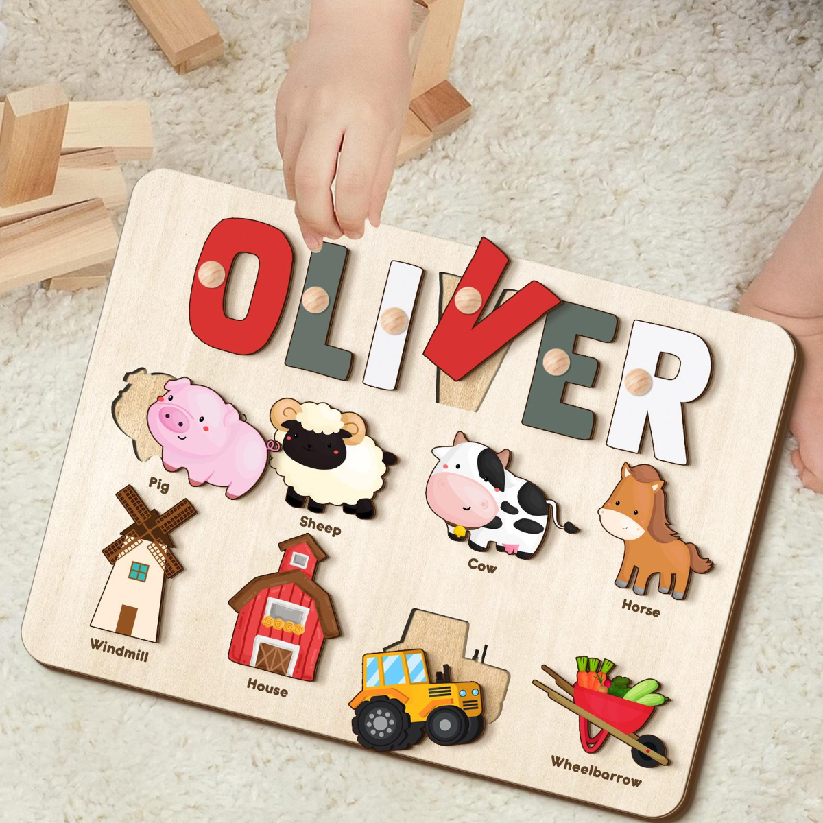 Farm Animal Name Puzzle with Pegs, Wooden Busy Board, 1st Birthday Gift for Kids, Baby Shower Gift, Nursery Decor, Wood Toy for One Year Old