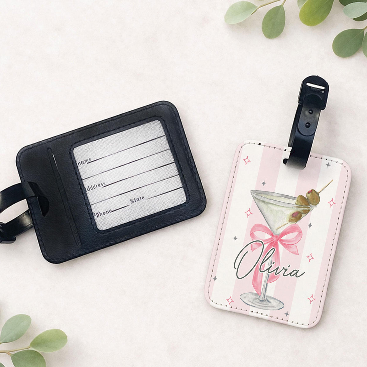 Martini Luggage Tag with custom Name, Personalized Bachelorette Favors, Vegas Girls Trip Travel Tag With Name
