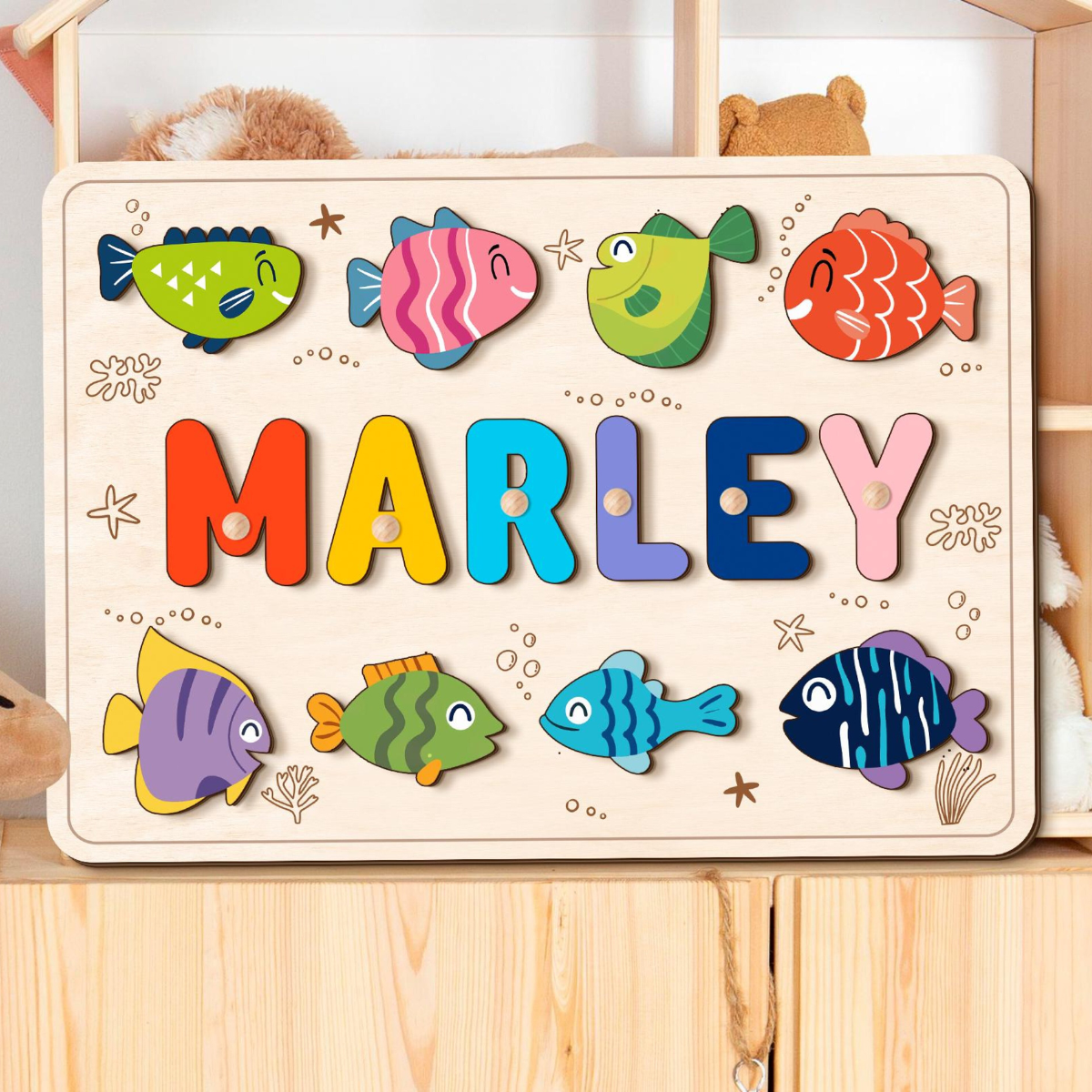 Ocean Life Name Puzzle with Fish, Wood Name Puzzle, Custom Handmade Name Puzzle, Birthday Gifts for Toddler, Montessori Board, Nursery Decor