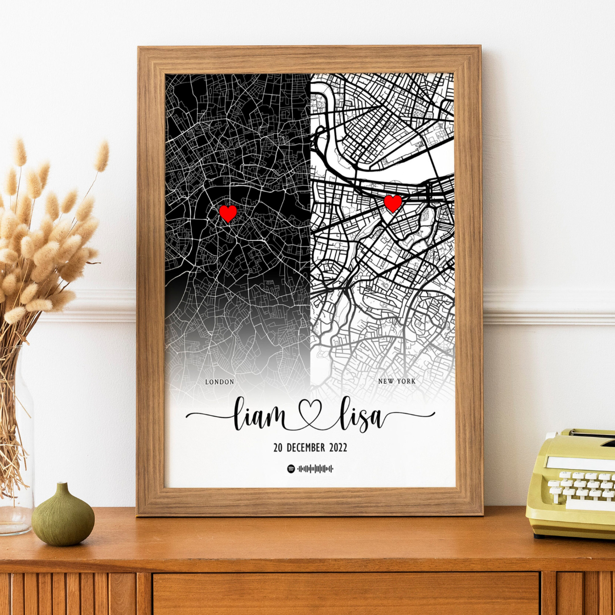 Personalised Map Print, Custom Couples Gift, Customised Travel Wall Art Any 2 Locations , Personalized Gift For Couple