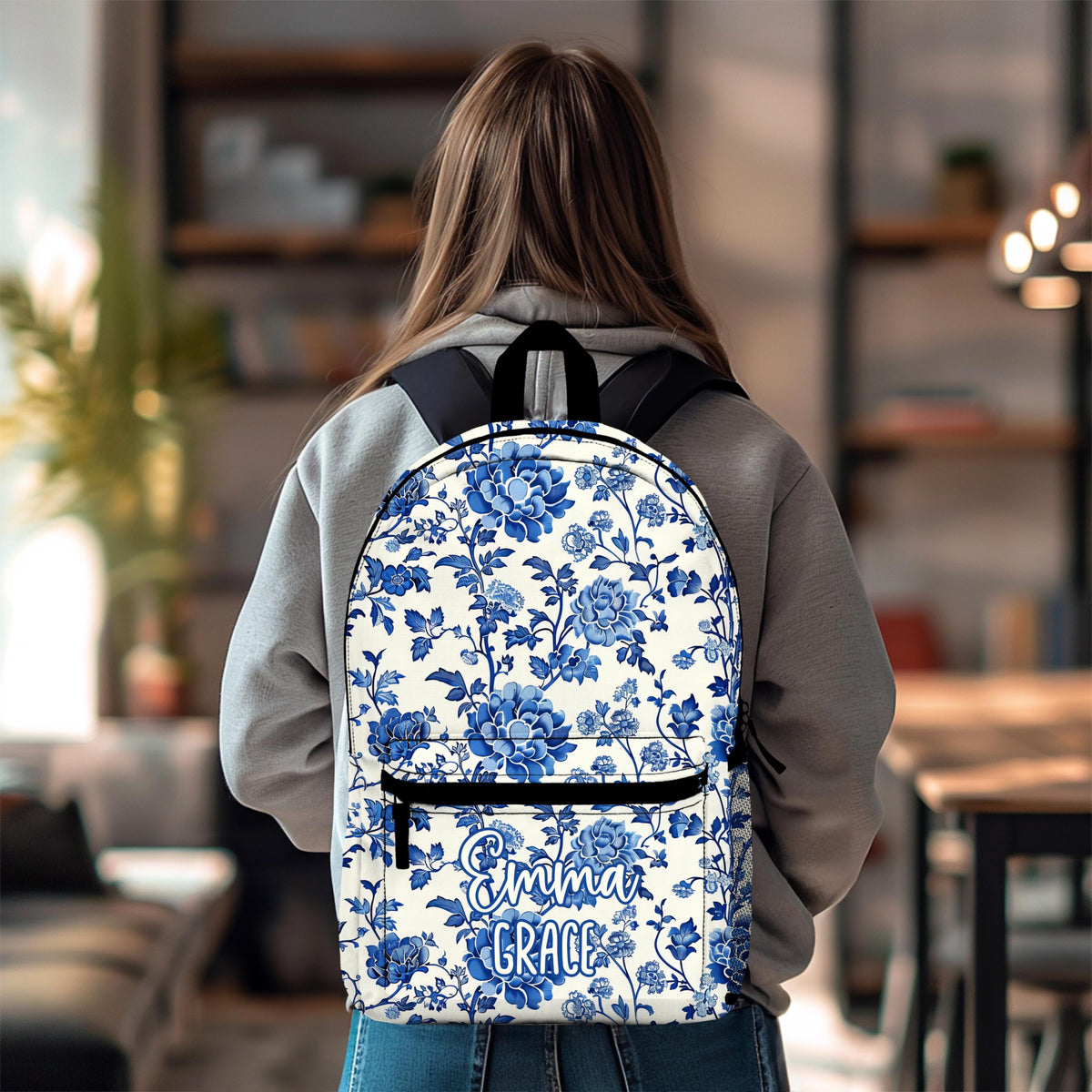 Custom Blue Chinoiserie Backpack, Floral Back To School Bookbag, Personalized Name Schoolbag