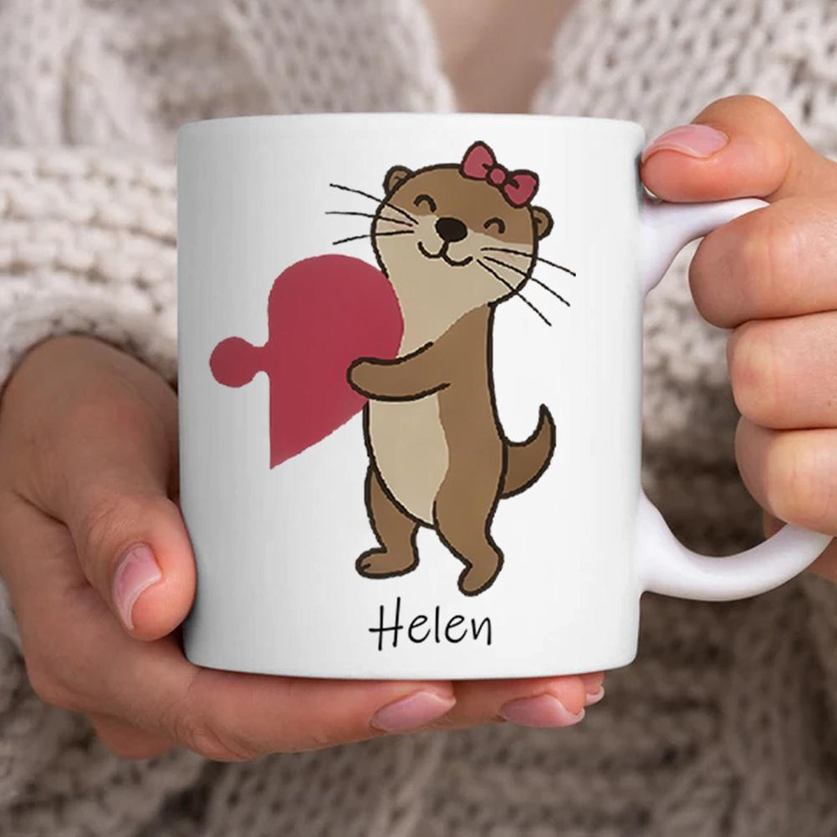 Custom Couple Gift, Valentine Couple Mug Personalized Otter Couple Mug Set, Custom Name Puzzle Heart Mugs, Cute Animal Gift for Couples