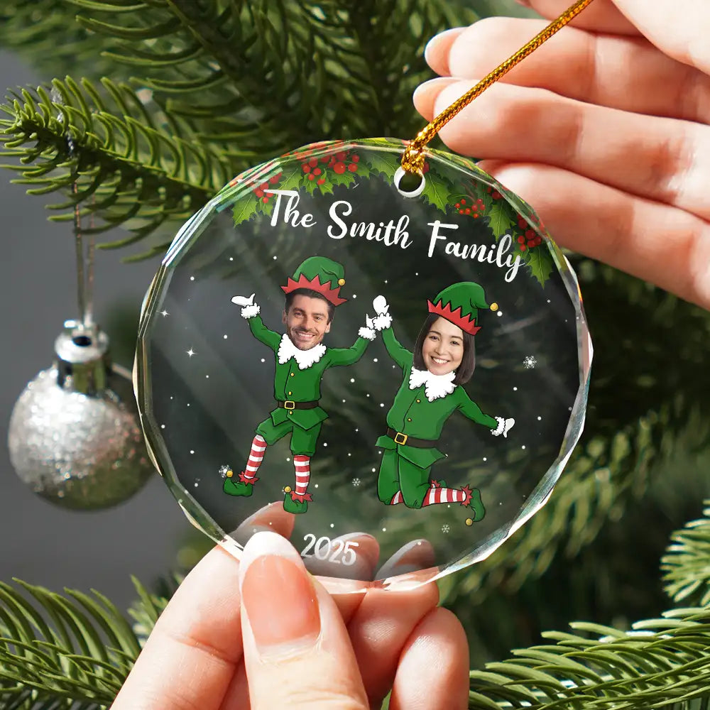 Custom Photo Playful Elves - Personalized Crystal Ornament - Christmas Gift For Family