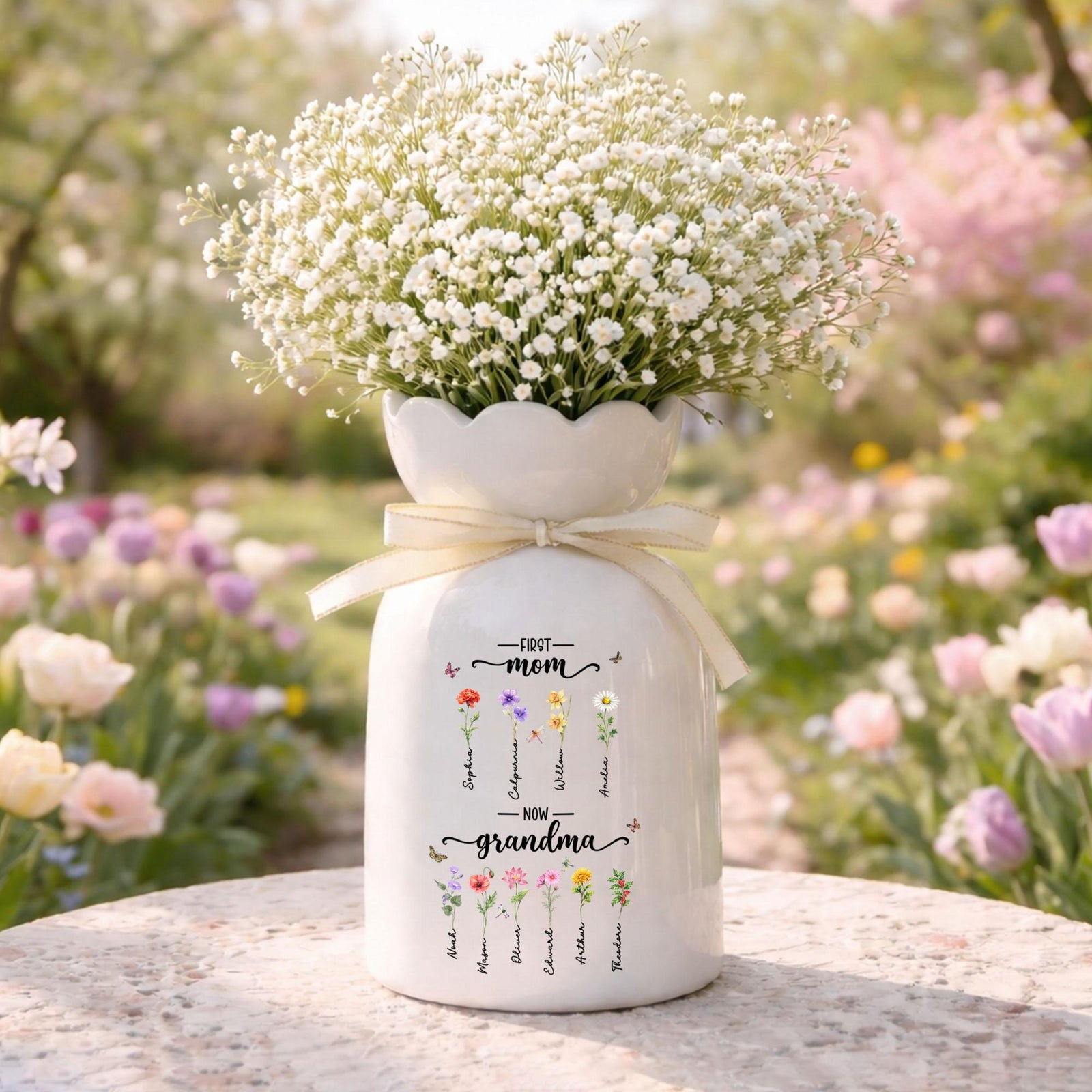 Custom First Mom Now Grandma Ceramic Bloom Vase, Mothers Day Gifts, Personalized Birth Flower Vase, Grandmas Garden Vase, Sentimental Gifts