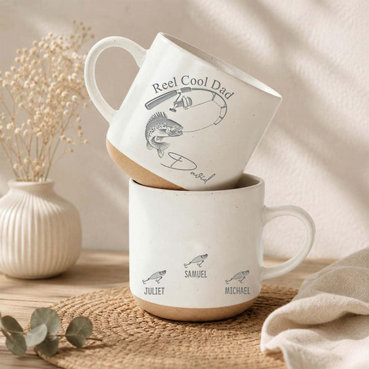 Custom Engraved Reel Cool Dad Fishing Pottery Mug, Fisher Grandpa With Kids Name Mug, Fathers Day Gift,Reel Cool Papa Mug,Fishing Lover Gift
