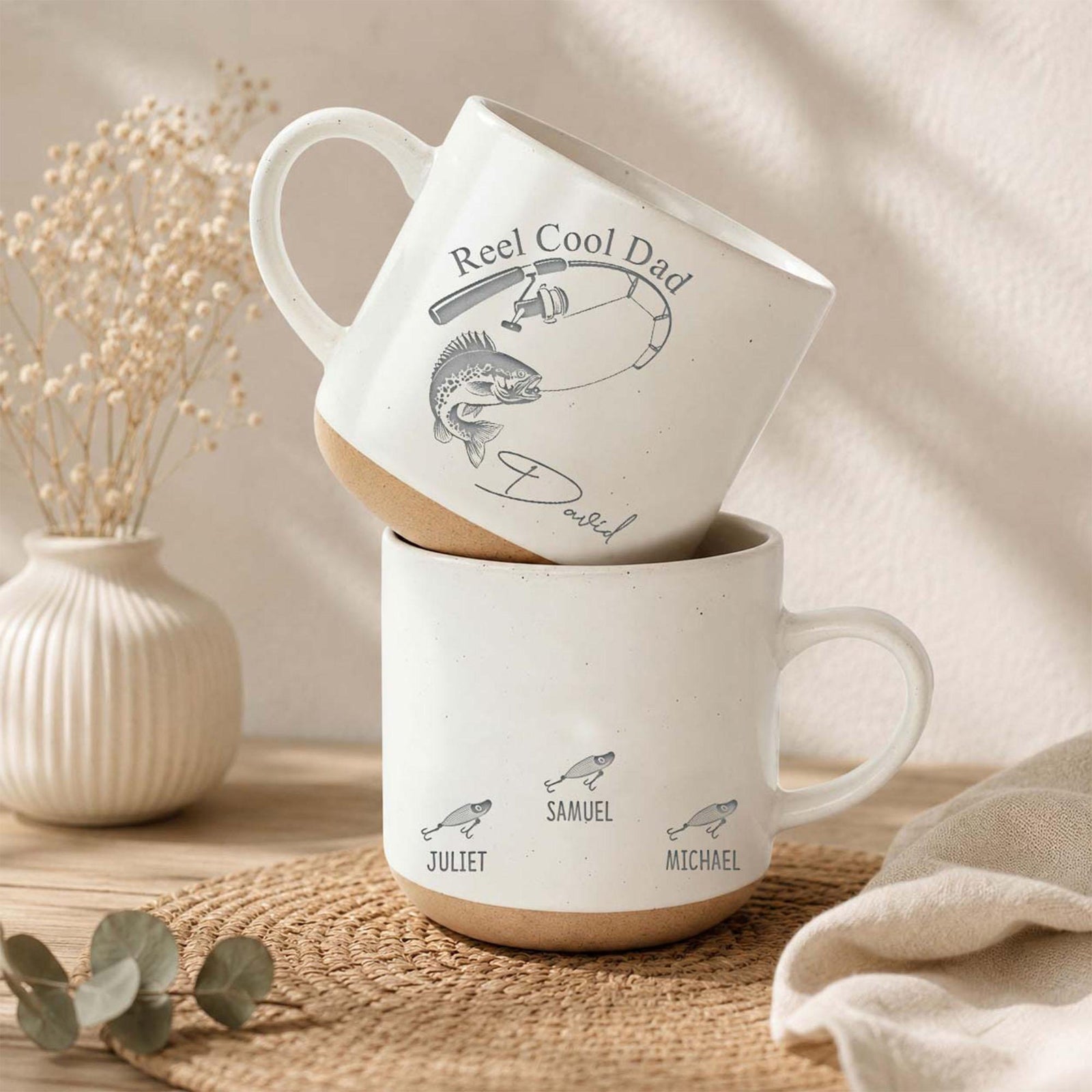 Custom Engraved Reel Cool Dad Fishing Pottery Mug, Fisher Grandpa With Kids Name Mug, Fathers Day Gift,Reel Cool Papa Mug,Fishing Lover Gift