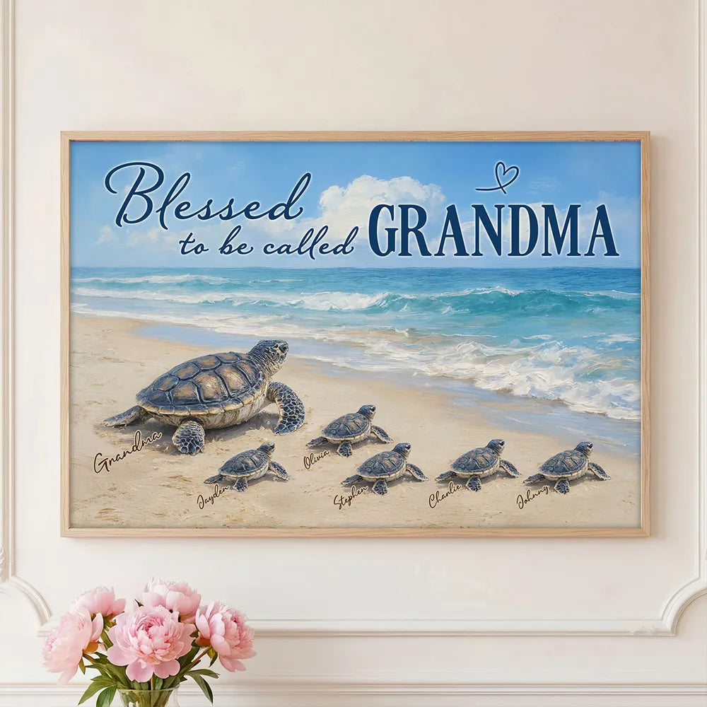 Grandma Turtle's Little Grandkids by the Shore - Personalized Canvas - Mother's Day Gift For Mom, Grandma