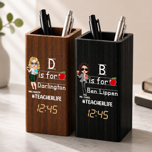 Custom Teacher Life Pen Holder With Clock, Personalized Classroom Desk Organizer, Back To School Teacher Gift Calendar Electronic Pen Holder