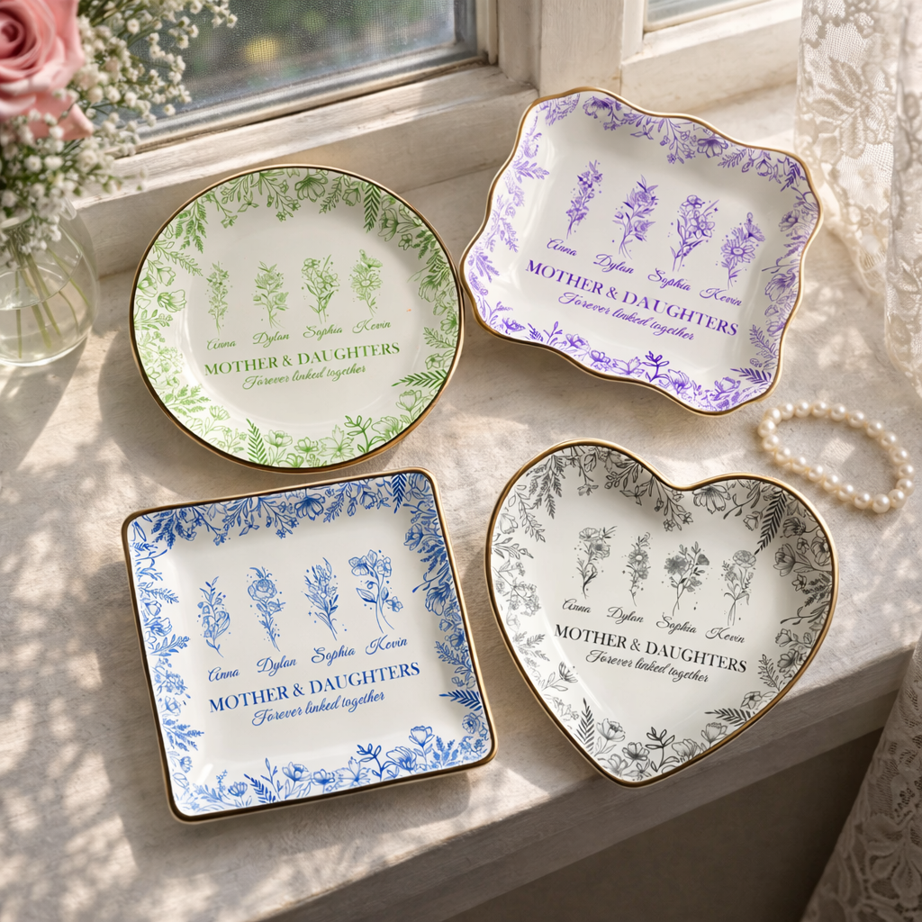 Personalized Mom Birth Flower Ring Dish, Custom Mother's Day Jewelry Dish, Mother & Daughters Birth Month Flower Keepsake