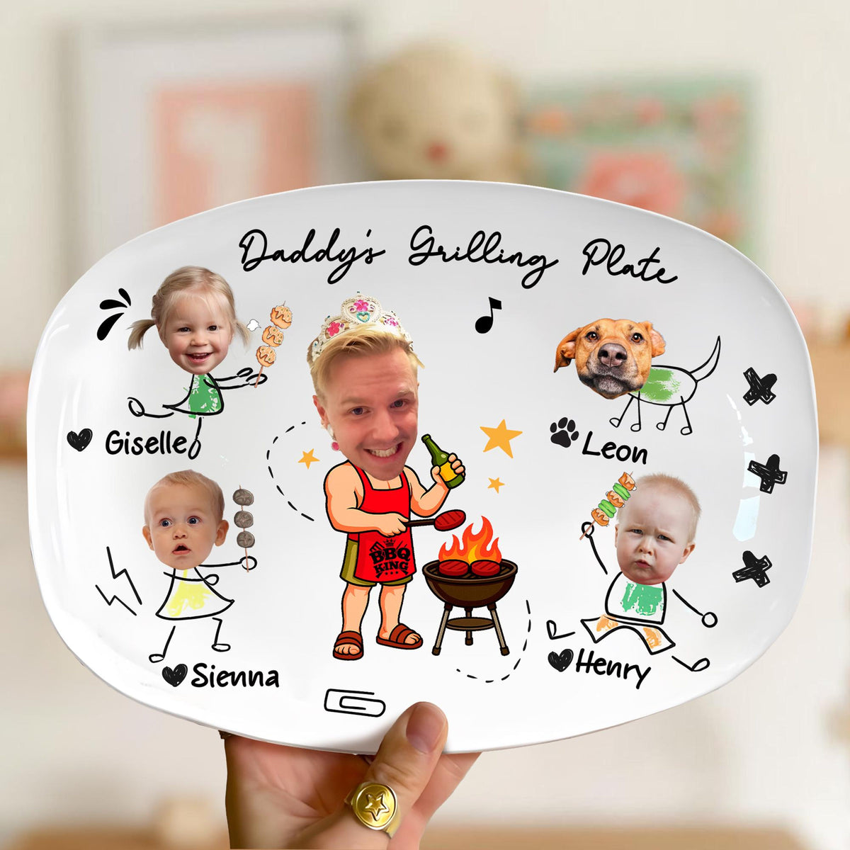 Personalized Face Grilling Platter, Custom Daddy's Grilling Plate with Kids' Names, Father's Day Gift, Funny Gift for Dad, Birthday Gift