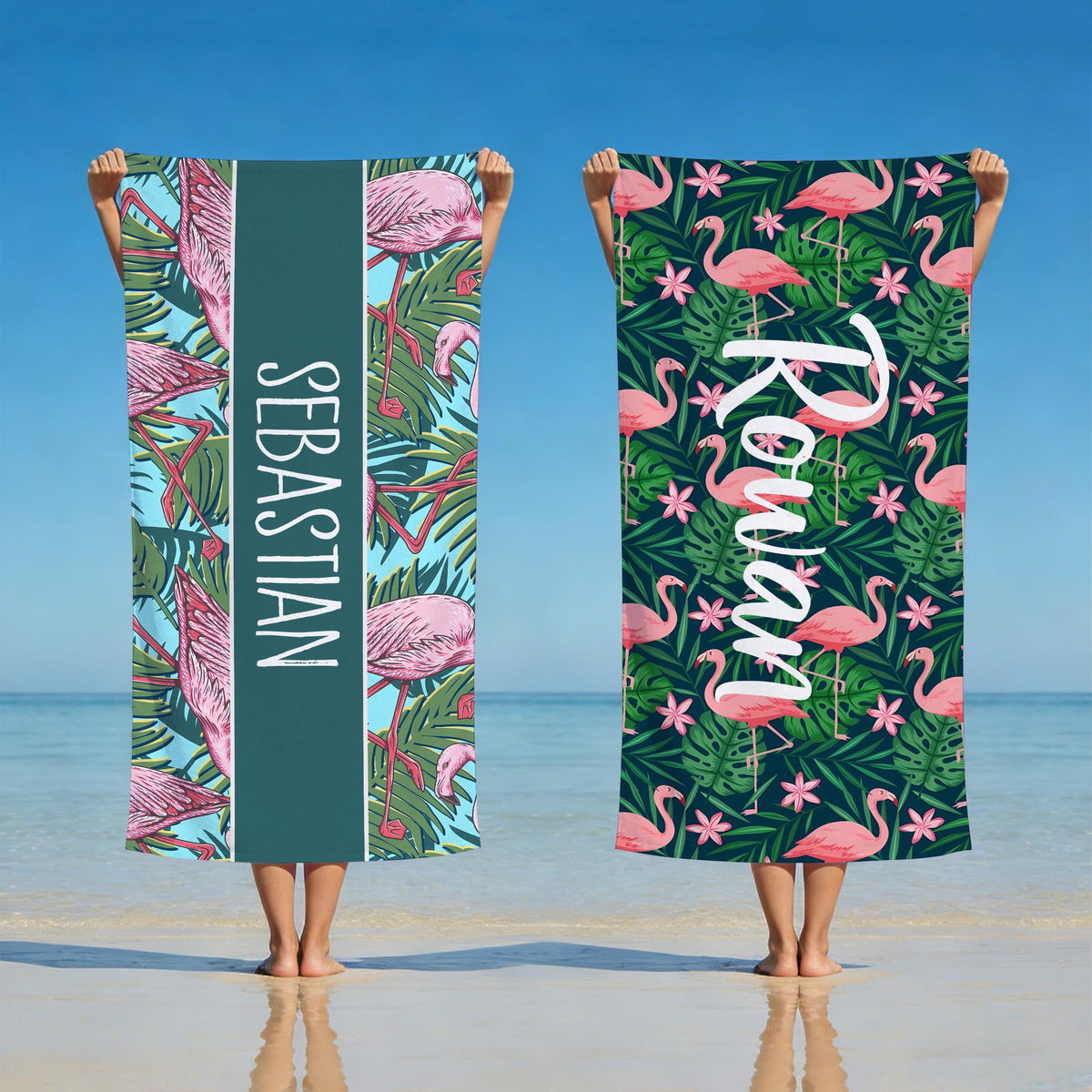 Custom Flamingo Tropic Summer Beach Towel, Flamingo Jungle Theme Gift, Custom Name Holiday Travel Bath Towel, Beach Lover's Gift, Gift for Girls