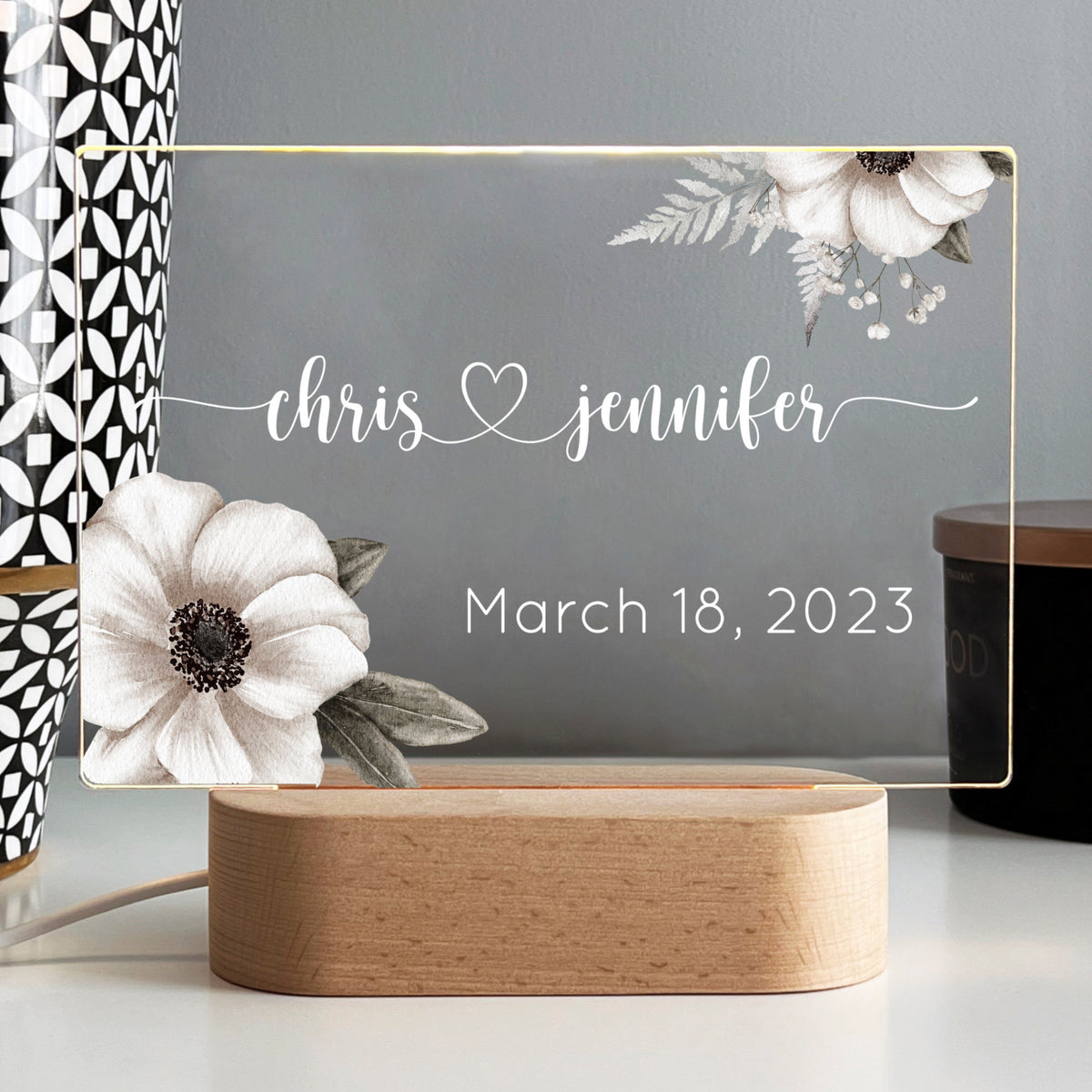 Personalized Couples Acrylic Night Light, White Flower Custom Printed, Anniversary Gift, Newlywed, Valentines, Engagement LED Nightlight
