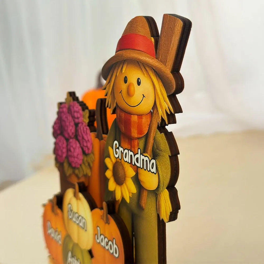 Fall Scarecrow Grandma with Pumpkins Grandkids Names - Personalized Wooden Plaque - Autumn Gift For Grandma & Family