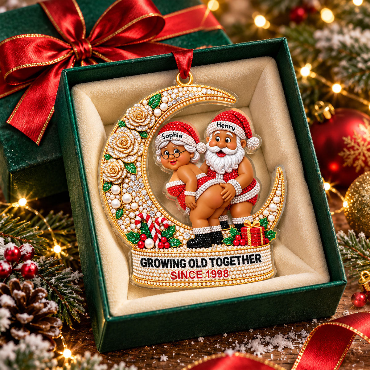 [3D Printing Effect] Personalised Christmas Ornaments - Santa Couple Crescent Moon Acrylic Ornament
