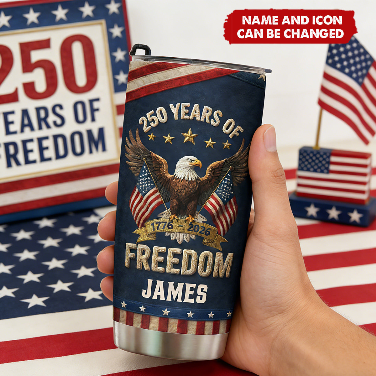 250Th Anniversary USA Patriotic Faux Pattern - Personalized Tumbler Cup - Patriotic Gift, 4th of July Gift