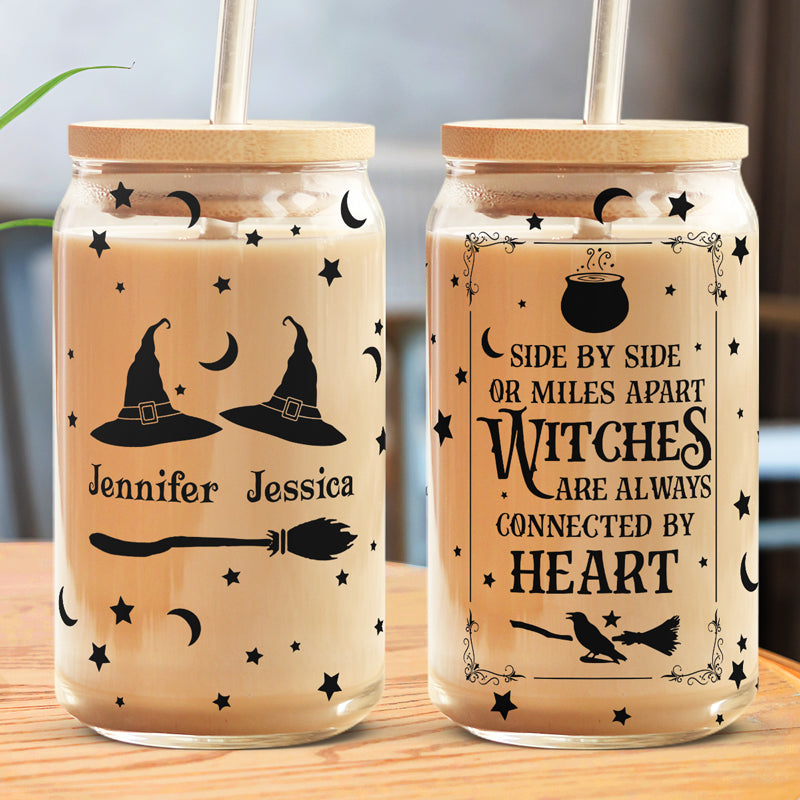 Witches Are Always Connected By Heart, Personalized Custom Witch Glass Cup, Iced Coffee Cup, Halloween Gift For Besties
