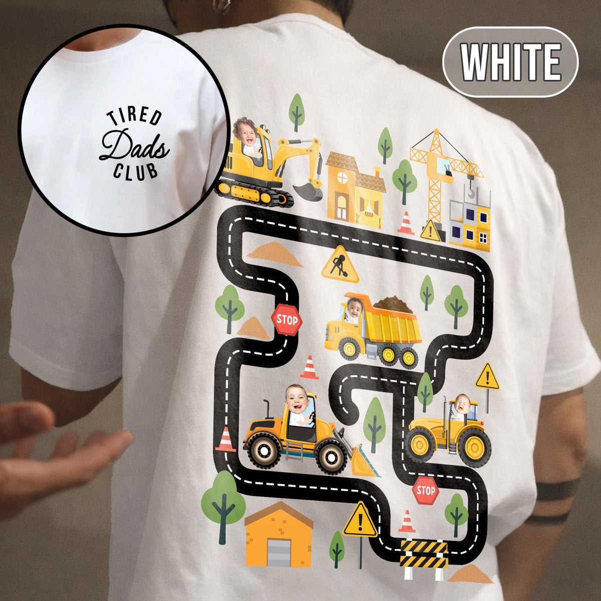 Personalized Tired Dad Club Construction Car Road Map Shirt, Custom Kids Face Dad Shirt, Gift For Dad From Son, Fathers Day Gift for Husband