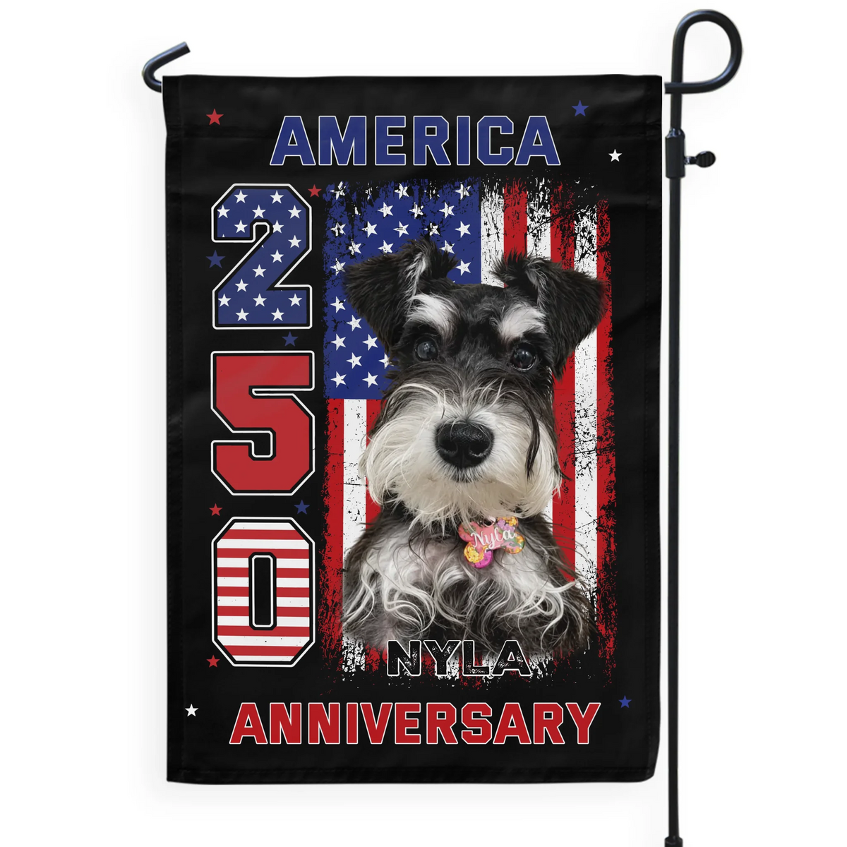 Stars, Stripes & Tail Wags - Personalized Garden Flag - America 250th Anniversary Garden Decor, Patriotic Dog With USA Flag, 4th Of July Dog Lover Gift