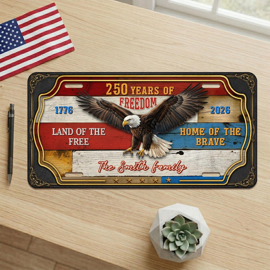 Personalized Patriotic Metal Metal Sign, 250th Anniversary 1776-2026, Eagle USA Flag Wall Art Decor