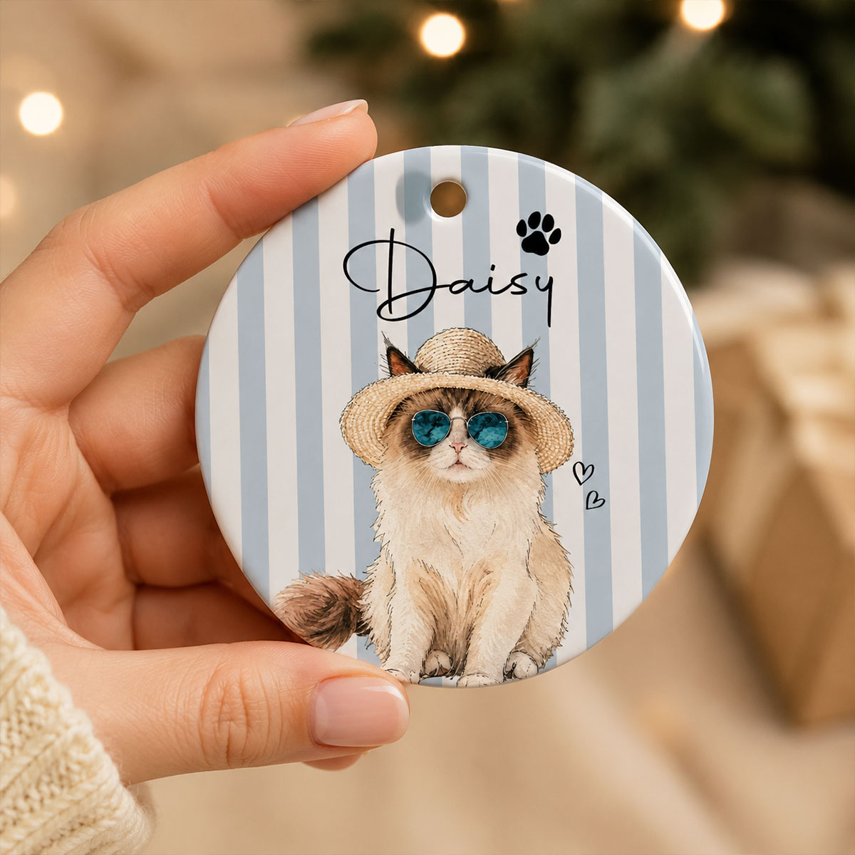 Personalized Watercolor Pet Portrait Striped Ornament - Christmas Gifts For Dog Cat Lovers