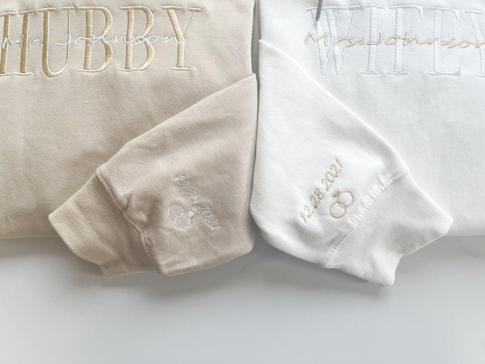Personalized Embroidered Wifey Hubby Sweatshirt, Custom Last Name Bridal Crewneck, Gift For Couple Matching Hoodie