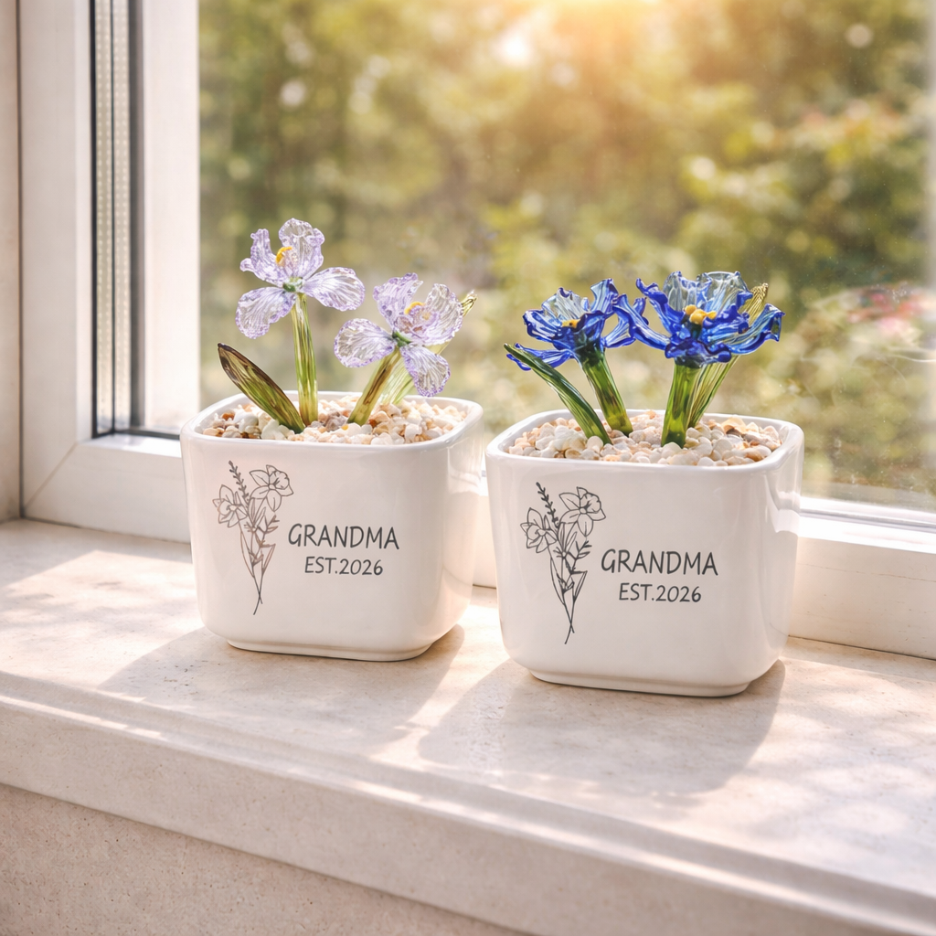 Mom Grandma Birth Flower Glass Pot, Personalized Mom Grandma Est Gift, Hand Blown Everlasting Flower Plant, Mother's Day Gift for Grandma