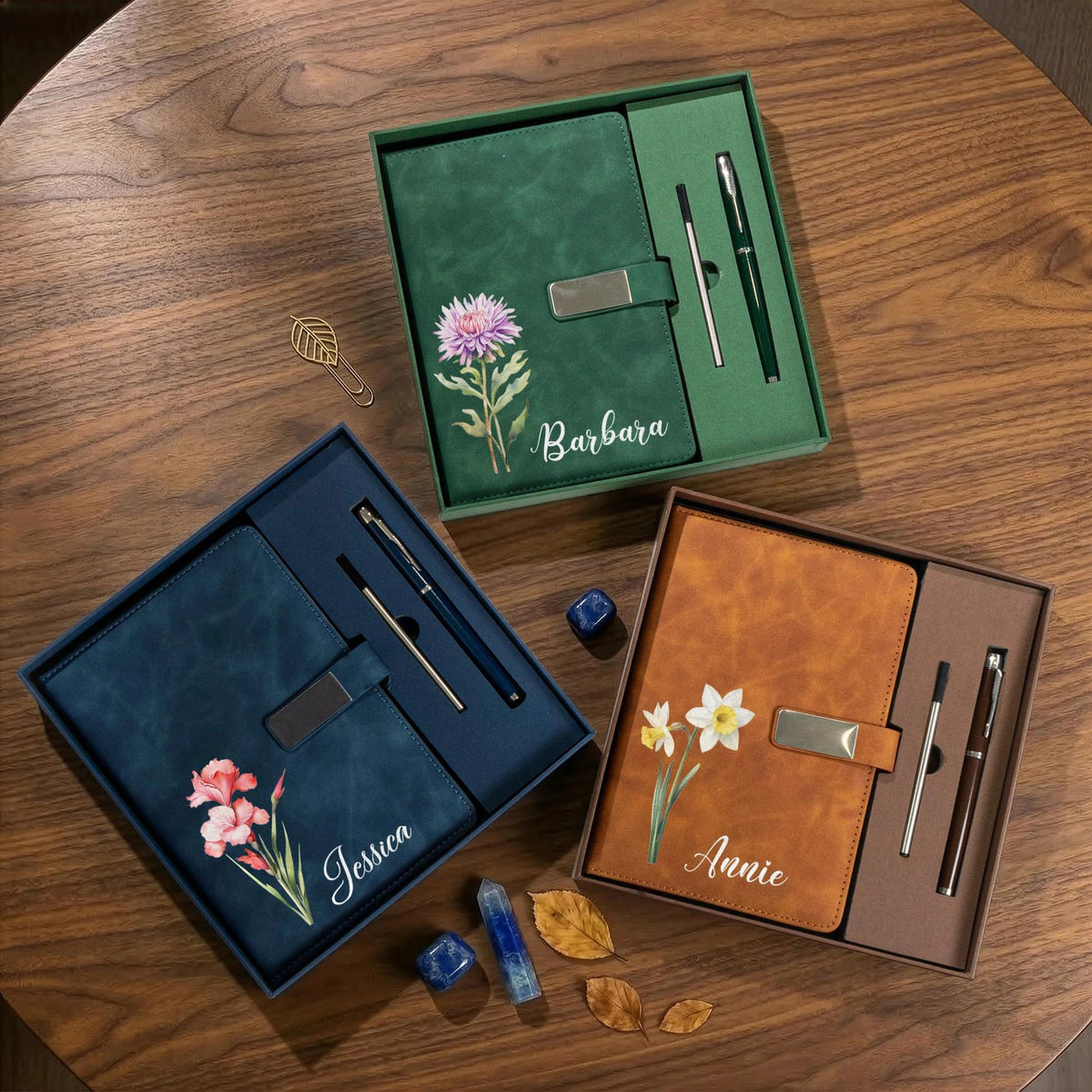 Personalized Birth Flower Leather Notebook With Pen, Custom Leather Journal For Daughter Graduation, Friend & Colleague Birthday Gift