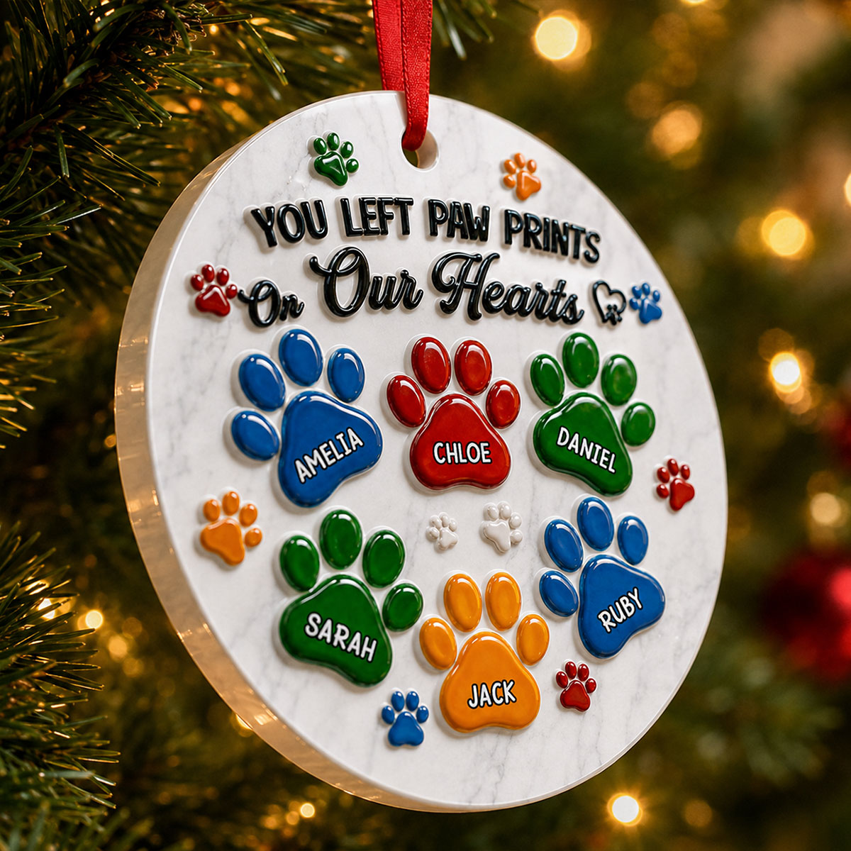 Pawprints On My Heart Family Christmas - Memorial Ornament - Real 3D Raised Ornament