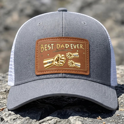 Best Dad Ever Gold Fist Bumps - Personalized Leather Label Net hat - Gift For Dad Papa, Father's Day Gift