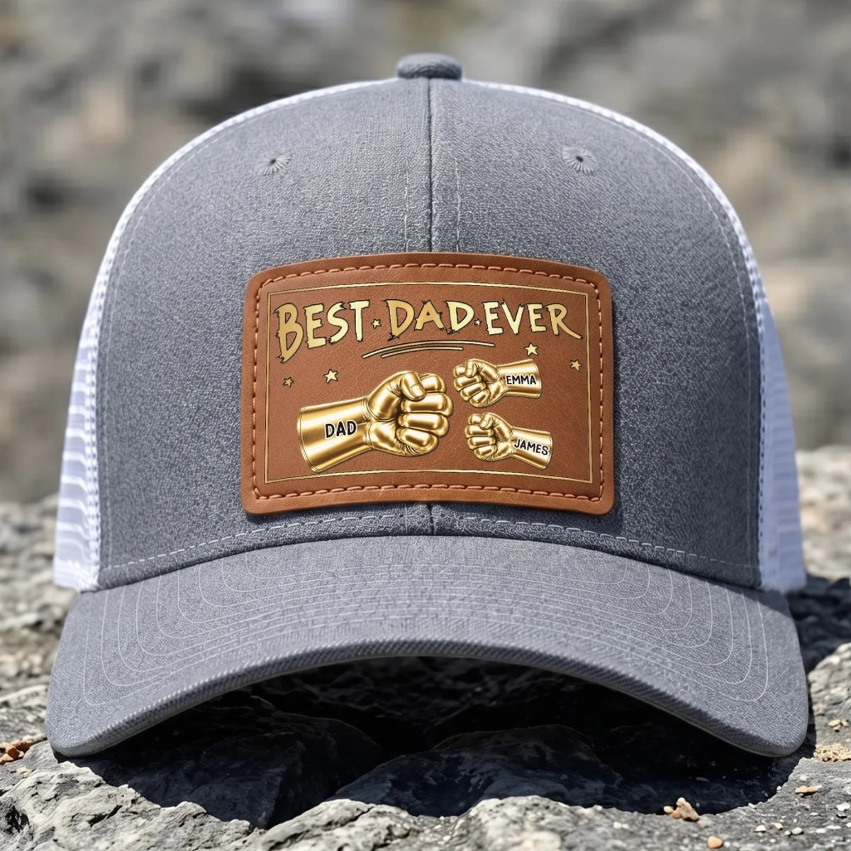 Best Dad Ever Gold Fist Bumps - Personalized Leather Label Net hat - Gift For Dad Papa, Father's Day Gift