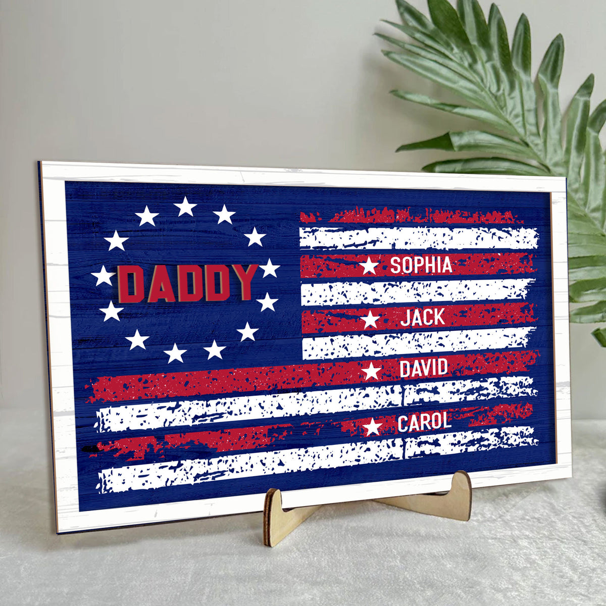 Personalized Dad Wooden Plaque, Custom Kid's Names Wooden Sign, America Flag Blue Line Wood Sign, Independence Day Gift for Dad, Grandpa