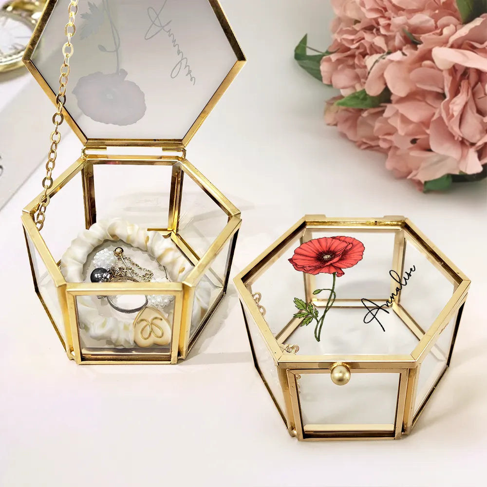 Flower Blooms Custom Your Birth Month Flower - Personalized Hexagonal Glass Ring Box - Gift For Mother, Sister, Bestie, Friend, Girlfriend