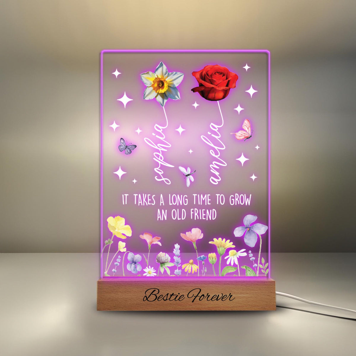 Personalized Bestie Forever Acrylic Photo Night Light, Birth Month Flower Gift, Gift For Sisters, Besties, Soul Sisters