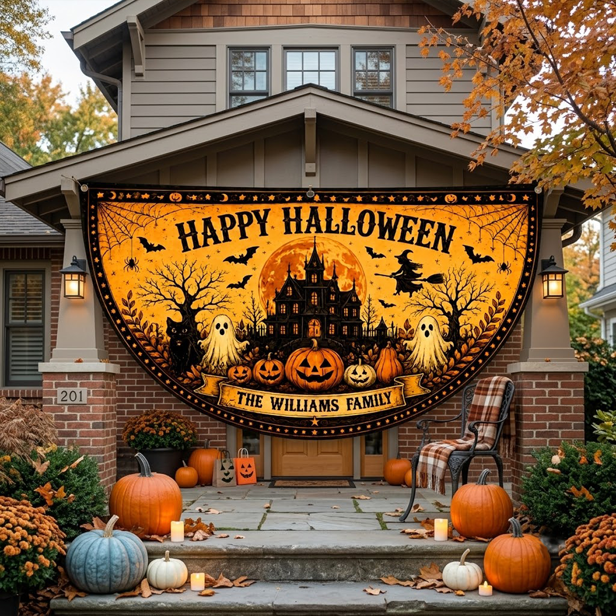 Personalized Happy Halloween Family Porch Banner Pumpkin Ghost Outdoor Fence Hanging - Spooky Haunted Mansion Personalized Porch Flag