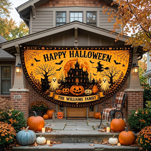 Personalized Happy Halloween Family Porch Banner Pumpkin Ghost Outdoor Fence Hanging - Spooky Haunted Mansion Personalized Porch Flag