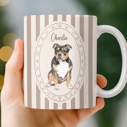 Personalized Cat Mom Dog Mom Mug, Custom Pet Lover Coffee Mug with Pet Portrait & Name, Cute Yellow Striped Ceramic Cup Gift for Pet Owners